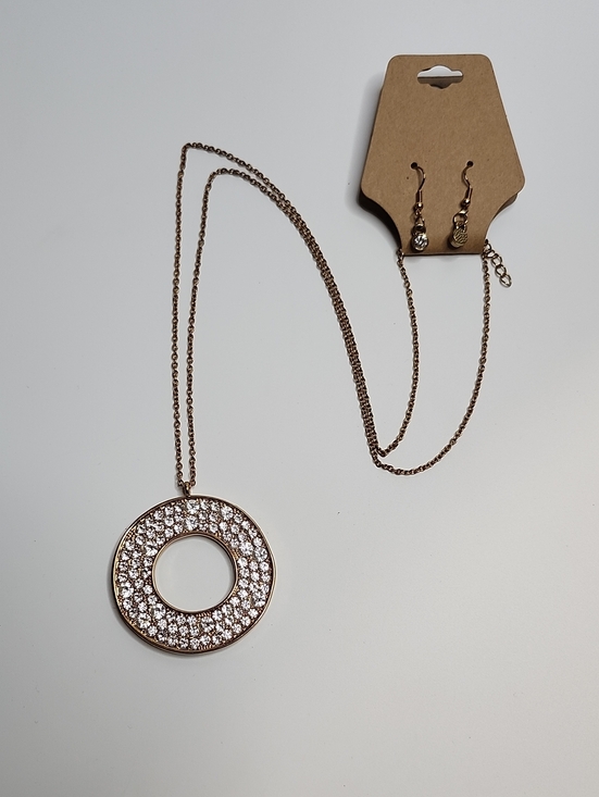 Jewelry - Necklace and Earrings Set Gold-Tone Pave Circle Pendant